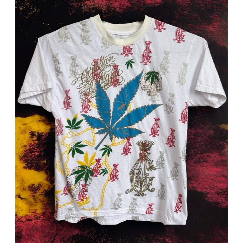 Vintage Y2K CHRISTIAN AUDIGIER AOP Pot Leaves Stones White T-Shirt Adult 2XL